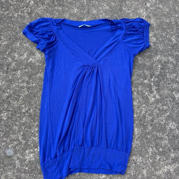 Soprano Blue V-Neck Ruched Sleeve Tunic Top Stretchy Women’s - Picture 1 of 5